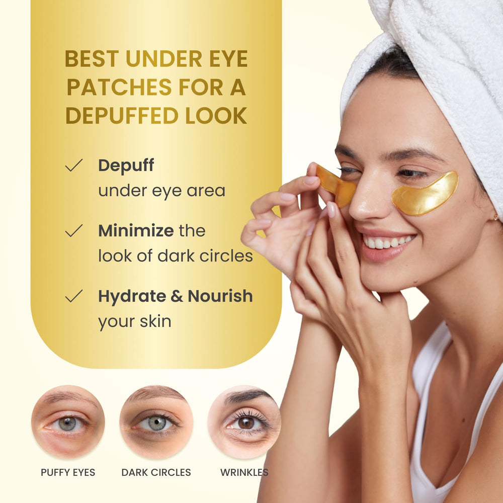 PLANTIFIQUE Gold Eye Patches applied under the eyes for quick hydration relief