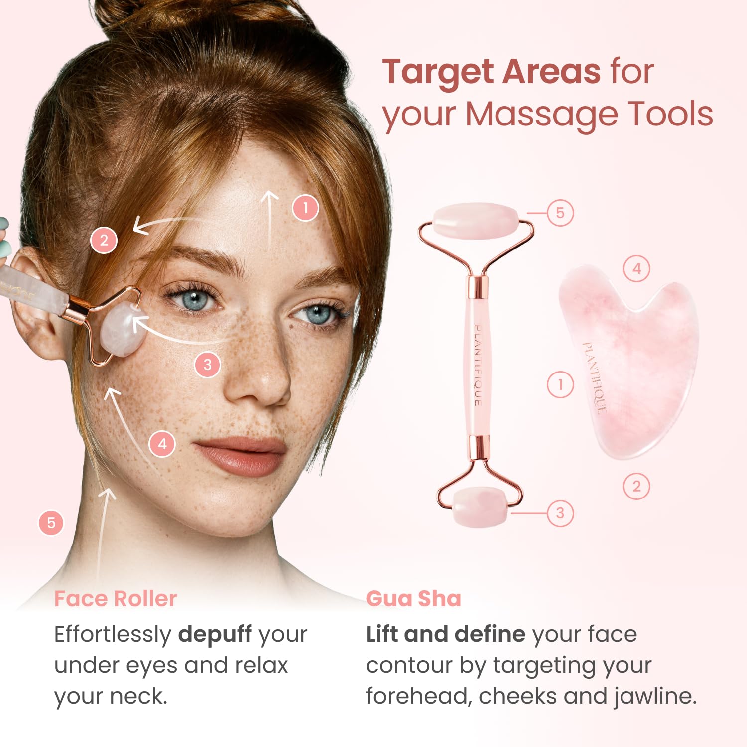 Plantifique gua sha in action massaging the jawline and cheeks.