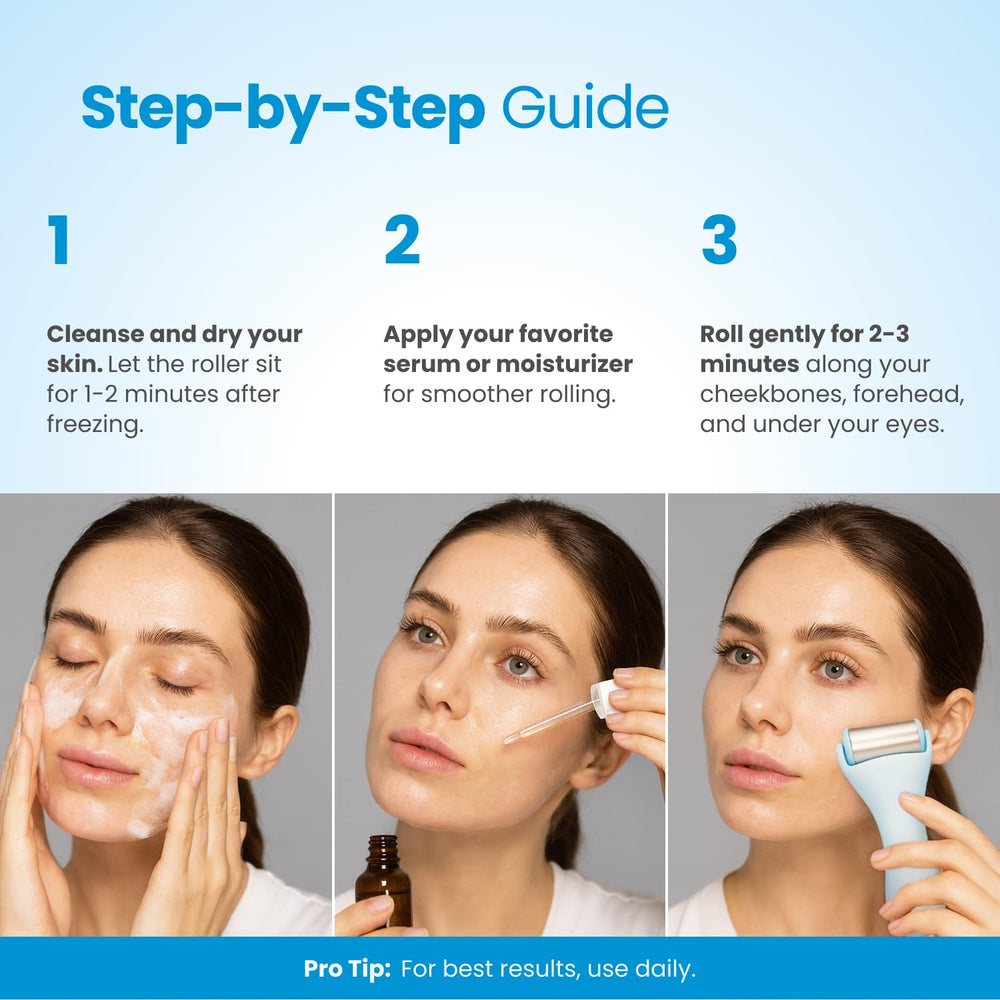 Plantifique ice roller on the cheek demonstrates skin tightening and massage