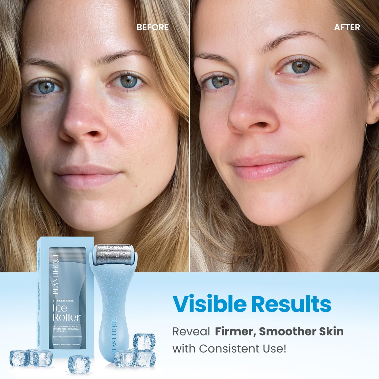 Plantifique ice roller on the face highlighting puffiness relief