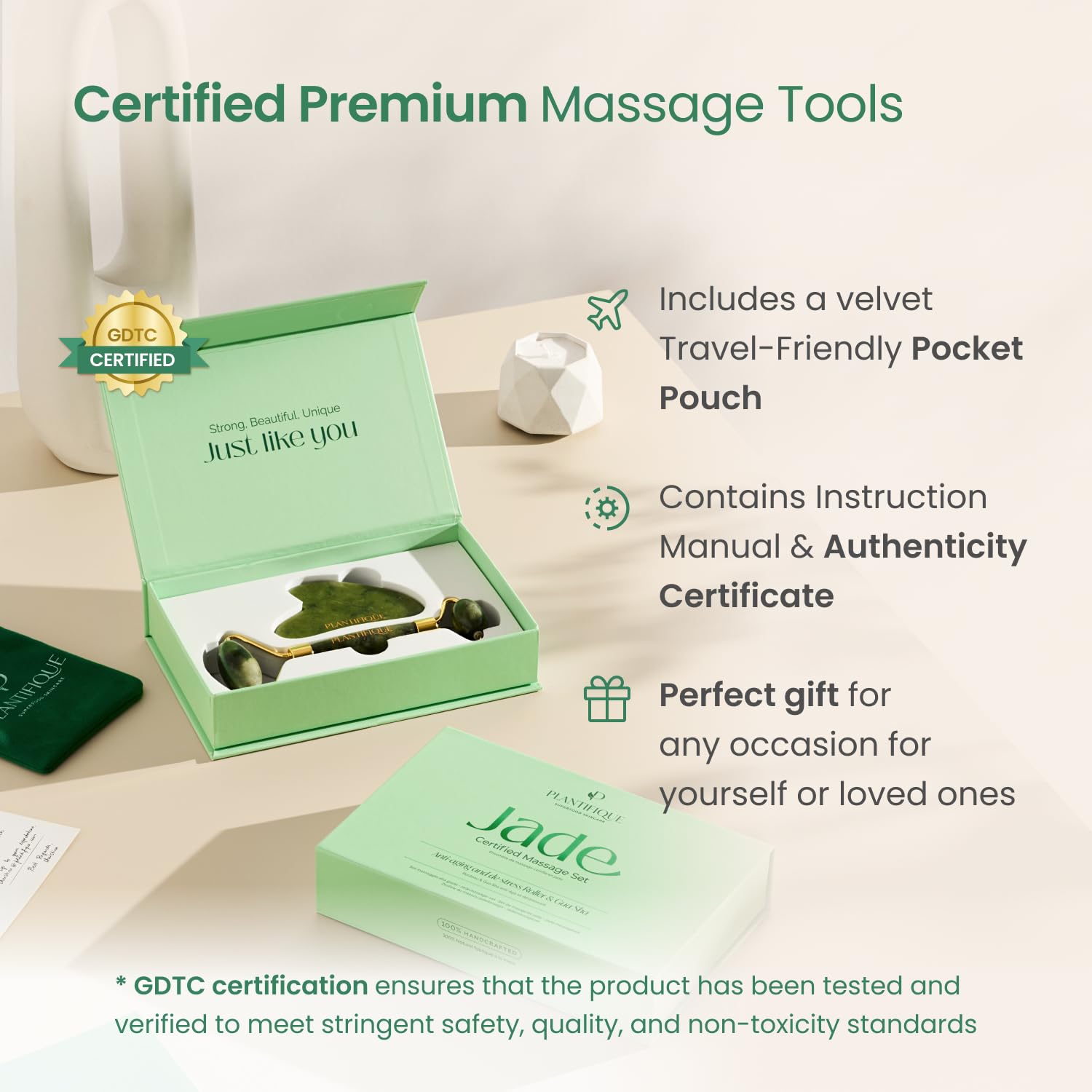 PLANTIFIQUE Jade Gua Sha in use shows upward massage for sculpting and circulation