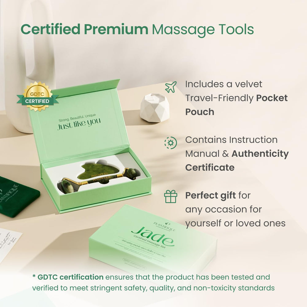PLANTIFIQUE Jade Gua Sha in use shows upward massage for sculpting and circulation