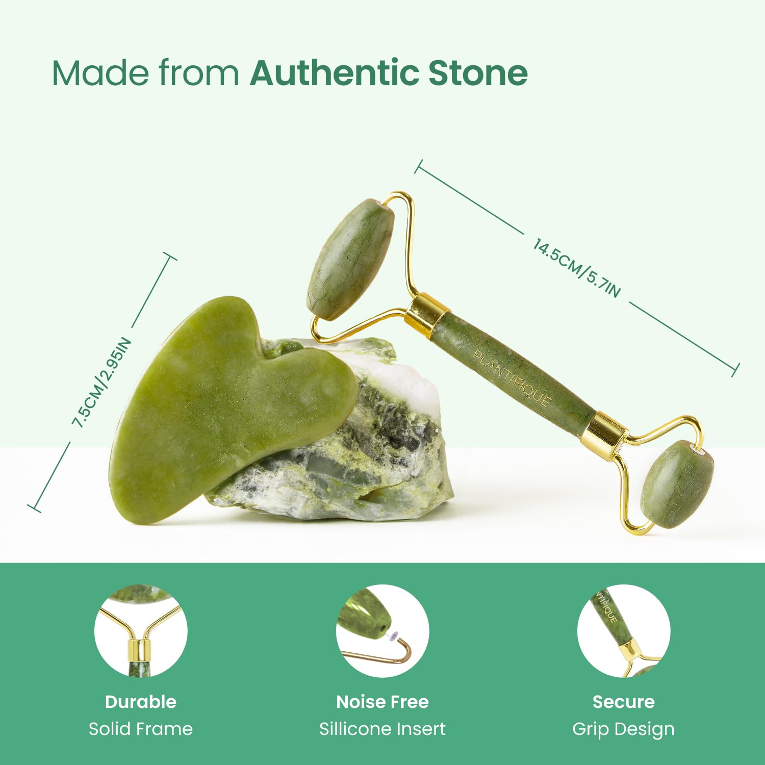 PLANTIFIQUE Jade Roller on skin demonstrates cooling glide and pore refinement