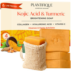 PLANTIFIQUE Kojic Acid Soap bars with mesh bag for easy cleansing and travel-friendly storage.