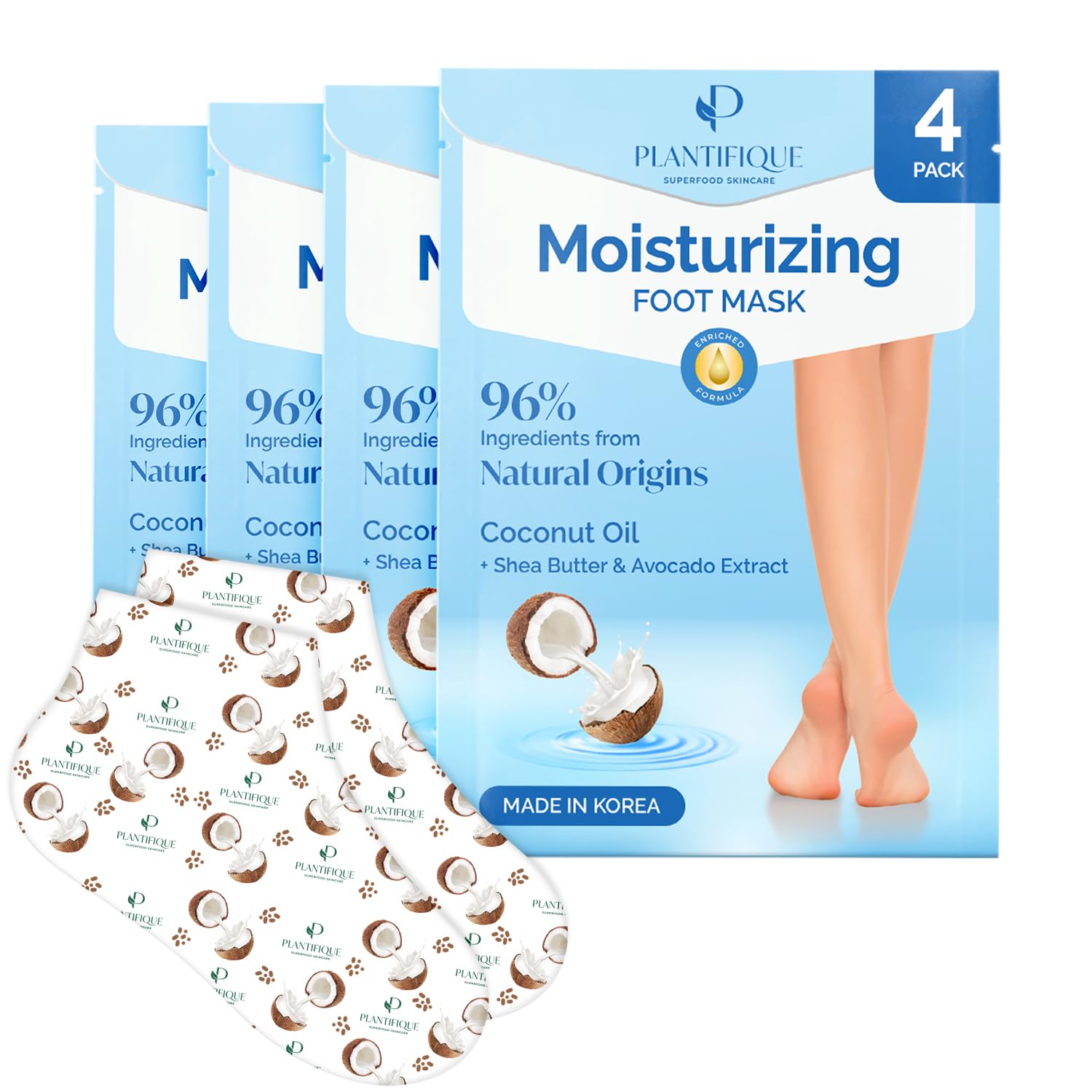 Plantifique Korean Foot Mask box shows 4-pair kit for at-home spa relief.