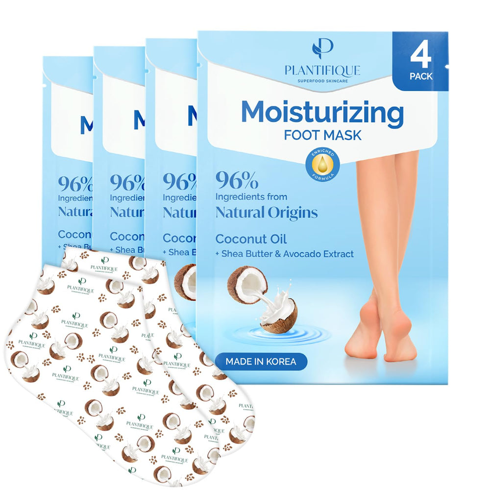 Plantifique Korean Foot Mask box shows 4-pair kit for at-home spa relief.