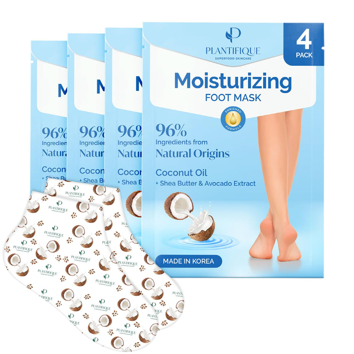 Plantifique Korean Foot Mask box shows 4-pair kit for at-home spa relief.
