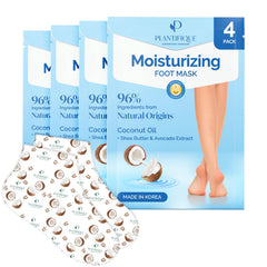 Plantifique Korean Foot Mask box shows 4-pair kit for at-home spa relief.