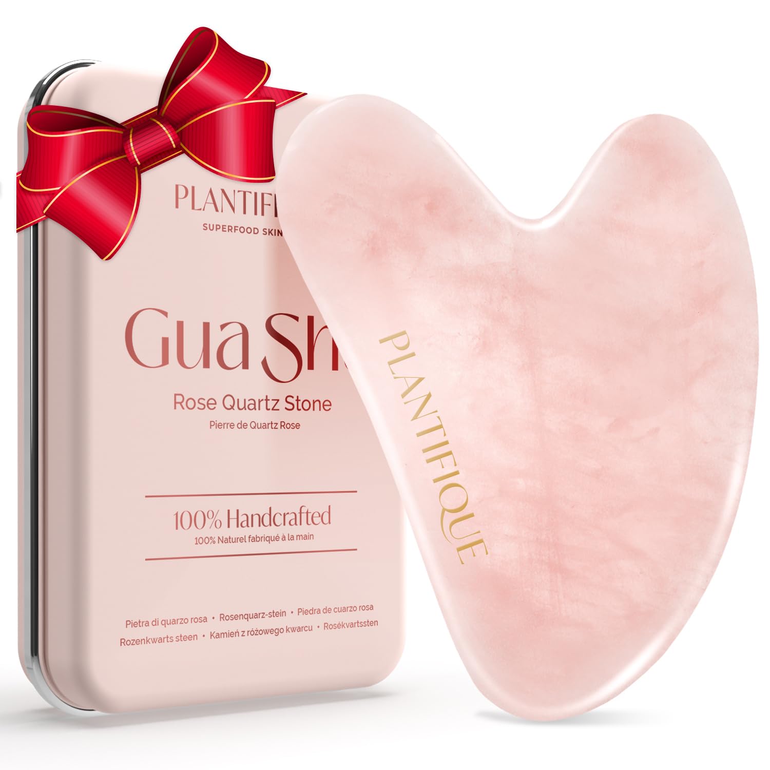 PLANTIFIQUE Rose Quartz Guasha Tool for calming facial massage and circulation