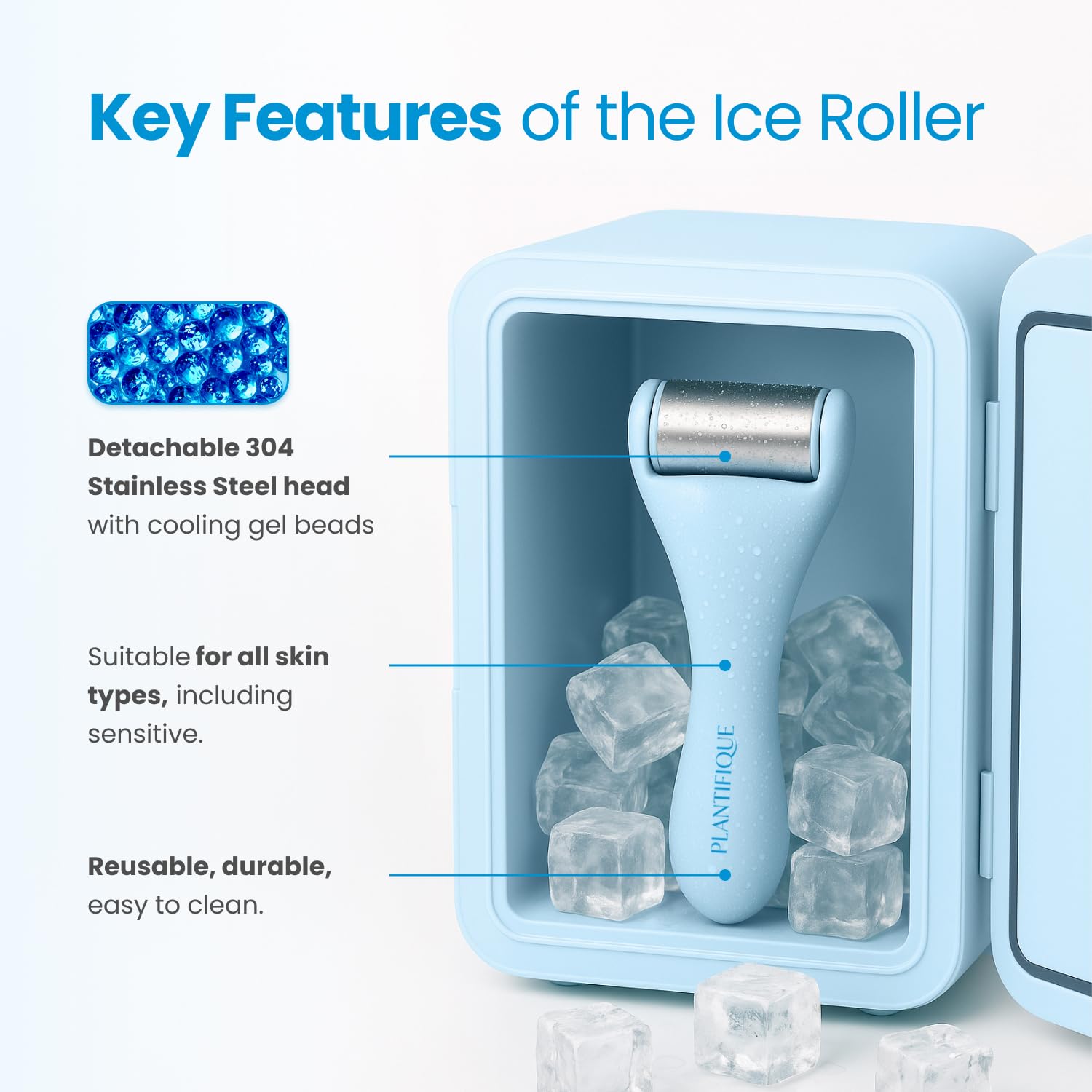 Plantifique stainless steel roller targeting under-eye puffiness for calm skin