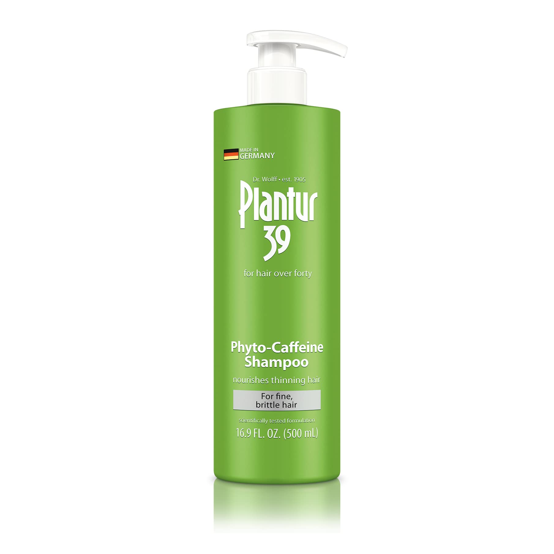 Plantur 39 shampoo bottle front promotes thinning-hair care with caffeine formula.