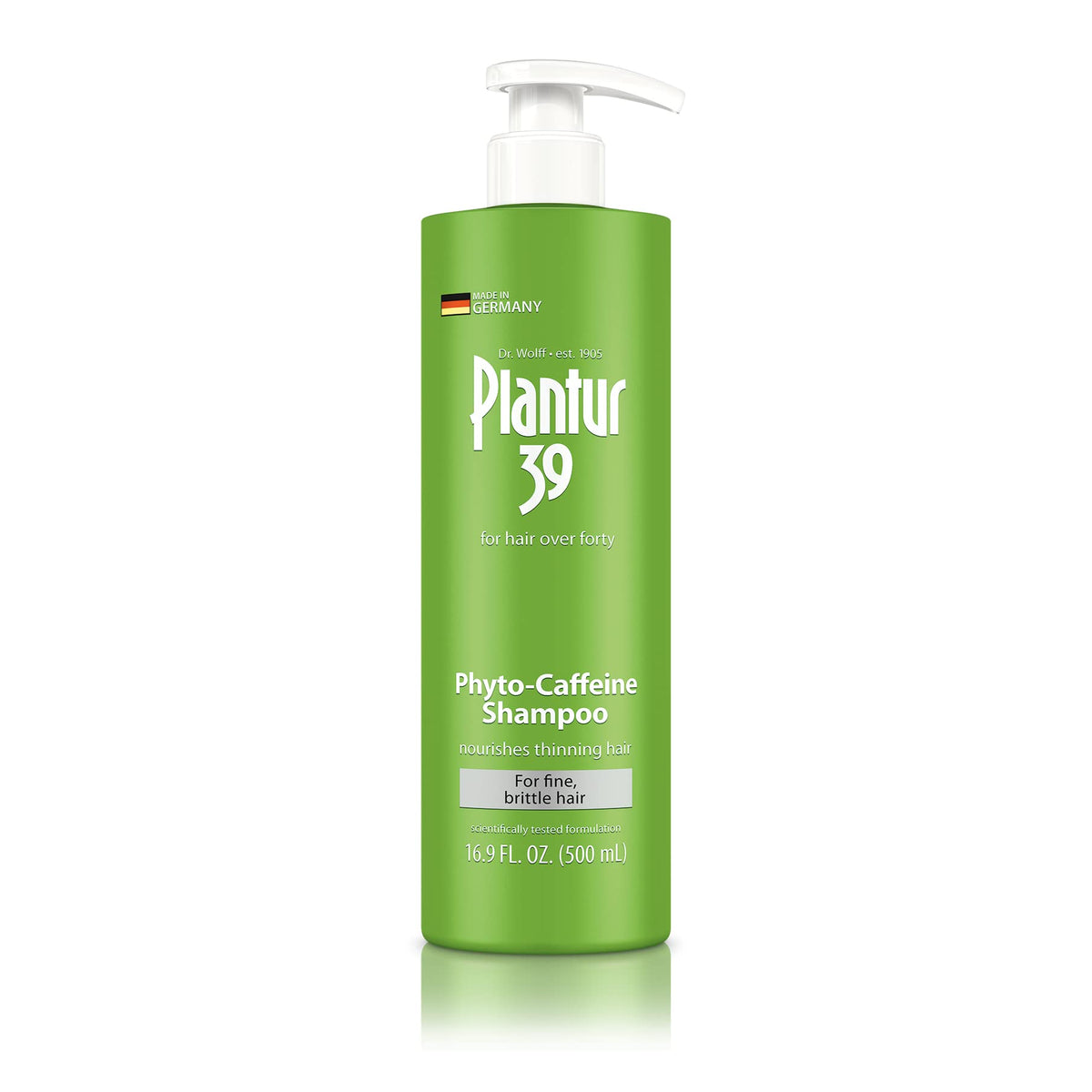 Plantur 39 shampoo bottle front promotes thinning-hair care with caffeine formula.