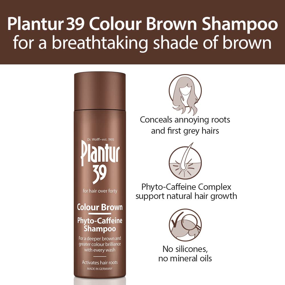 Plantur39 Color Brown shampoo bottle being poured for daily scalp care.