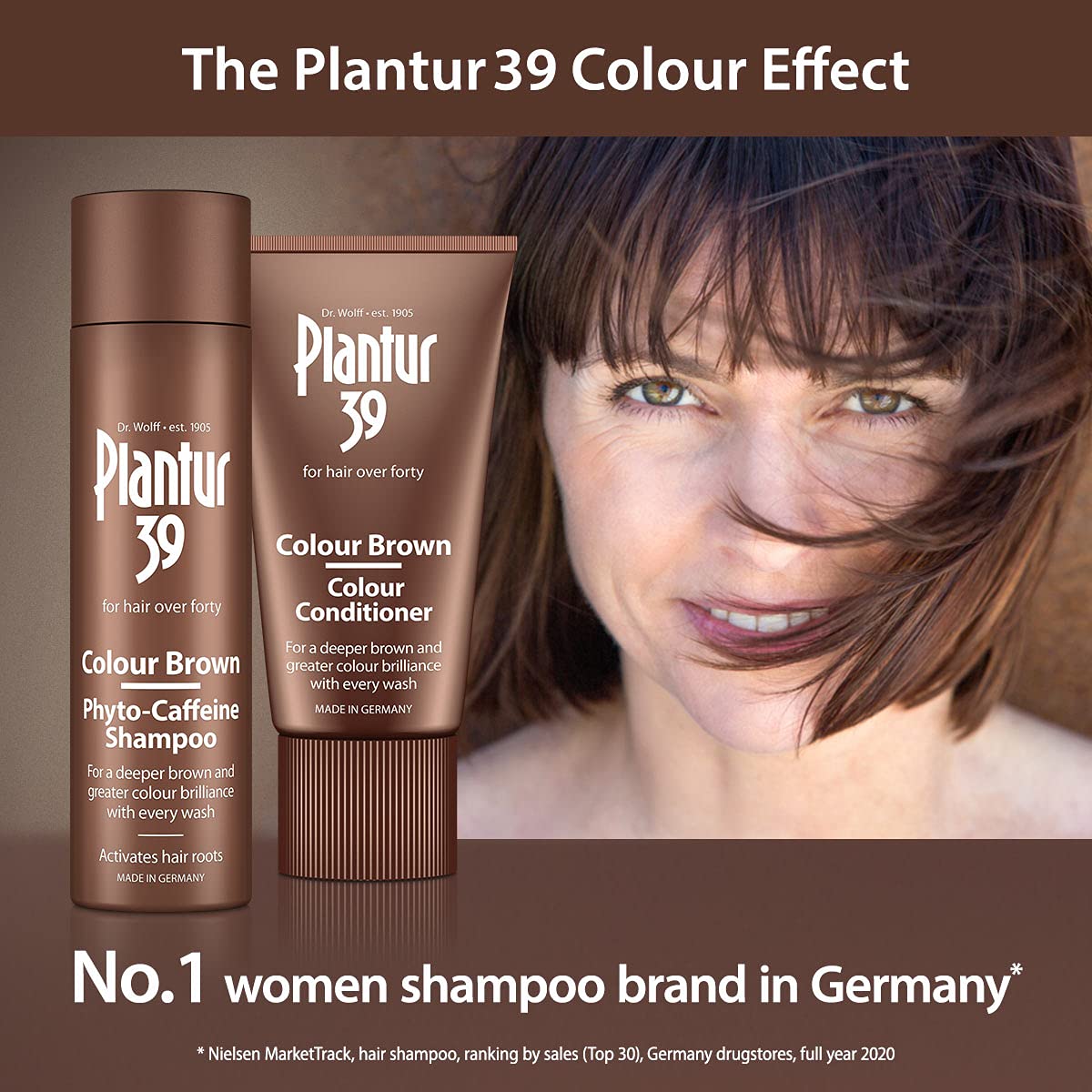 Plantur39 Color Brown shampoo color-enhancement imagery conveying richer brown tones.