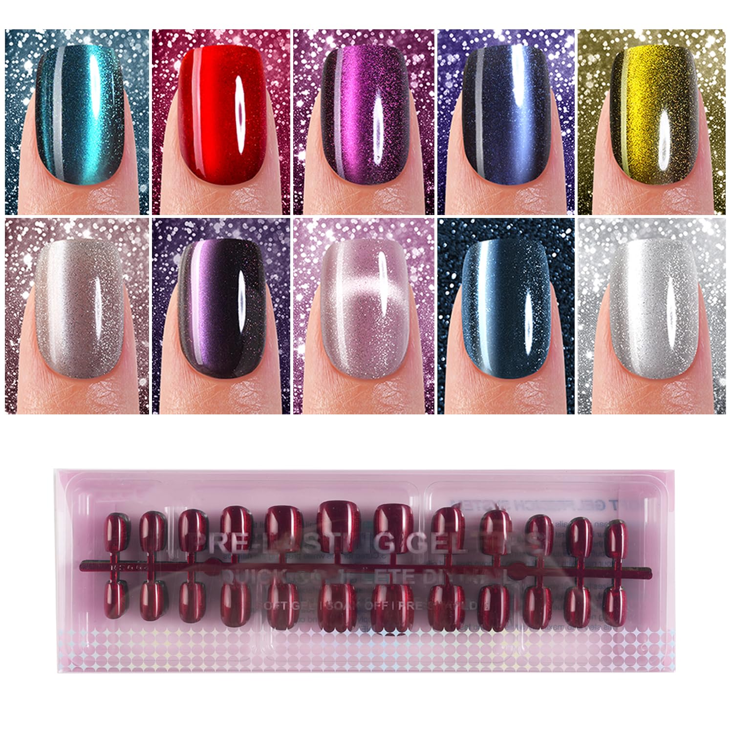 Plauva, uñas con efecto gato, diseño cuadrado y 12 tallas para un ajuste cómodo.