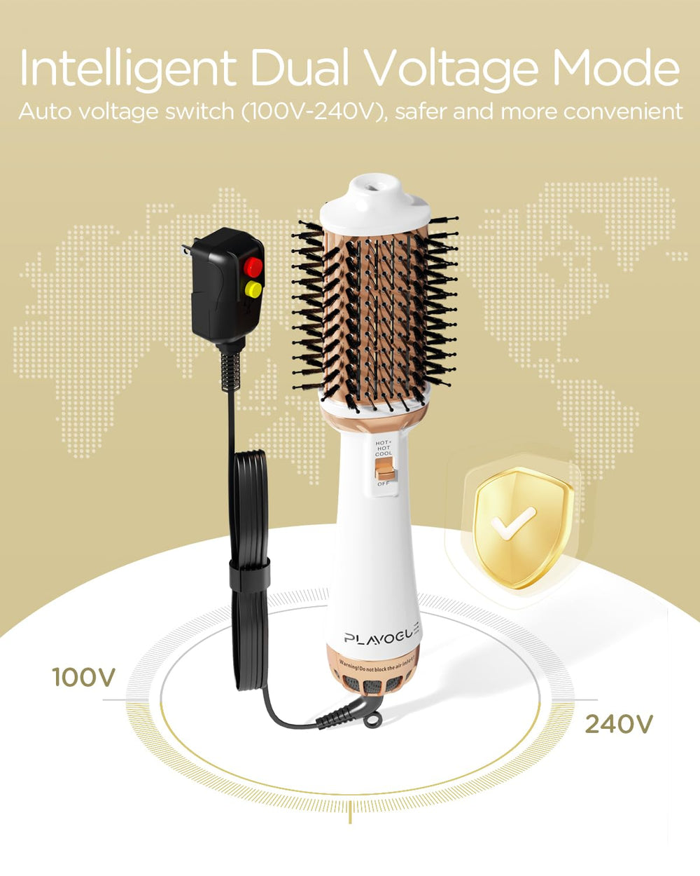 PLAVOGUE dual-voltage compatibility illustration shows worldwide readiness for trips