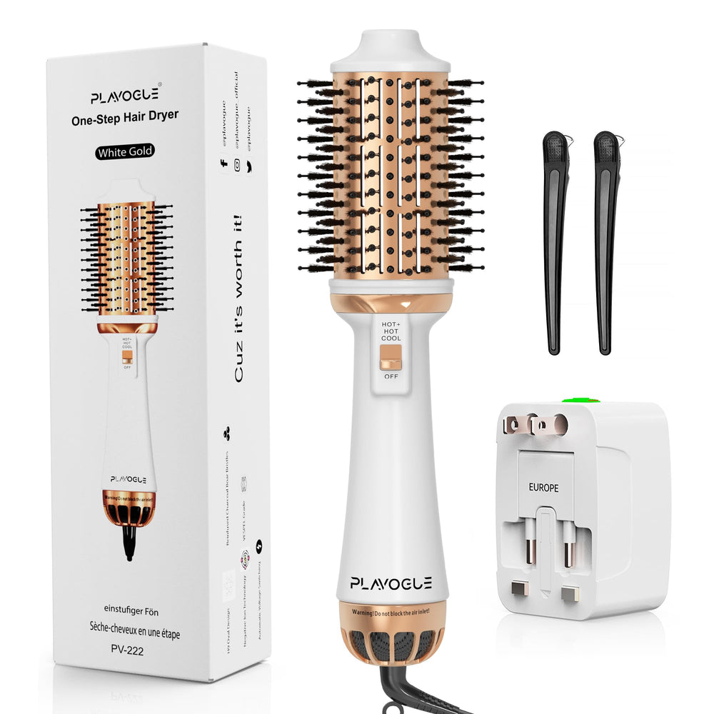 PLAVOGUE dual-voltage dryer brush front view for travel styling