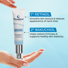Plexaderm neck cream being applied on neck area for evening routine.