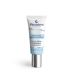 Plexaderm Night Time Collagen Serum bottle closeup highlights hydrating, firming potential.