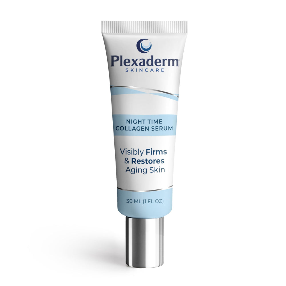 Plexaderm night-time collagen serum bottle promotes firmer skin overnight.