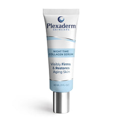 Plexaderm night-time collagen serum bottle promotes firmer skin overnight.