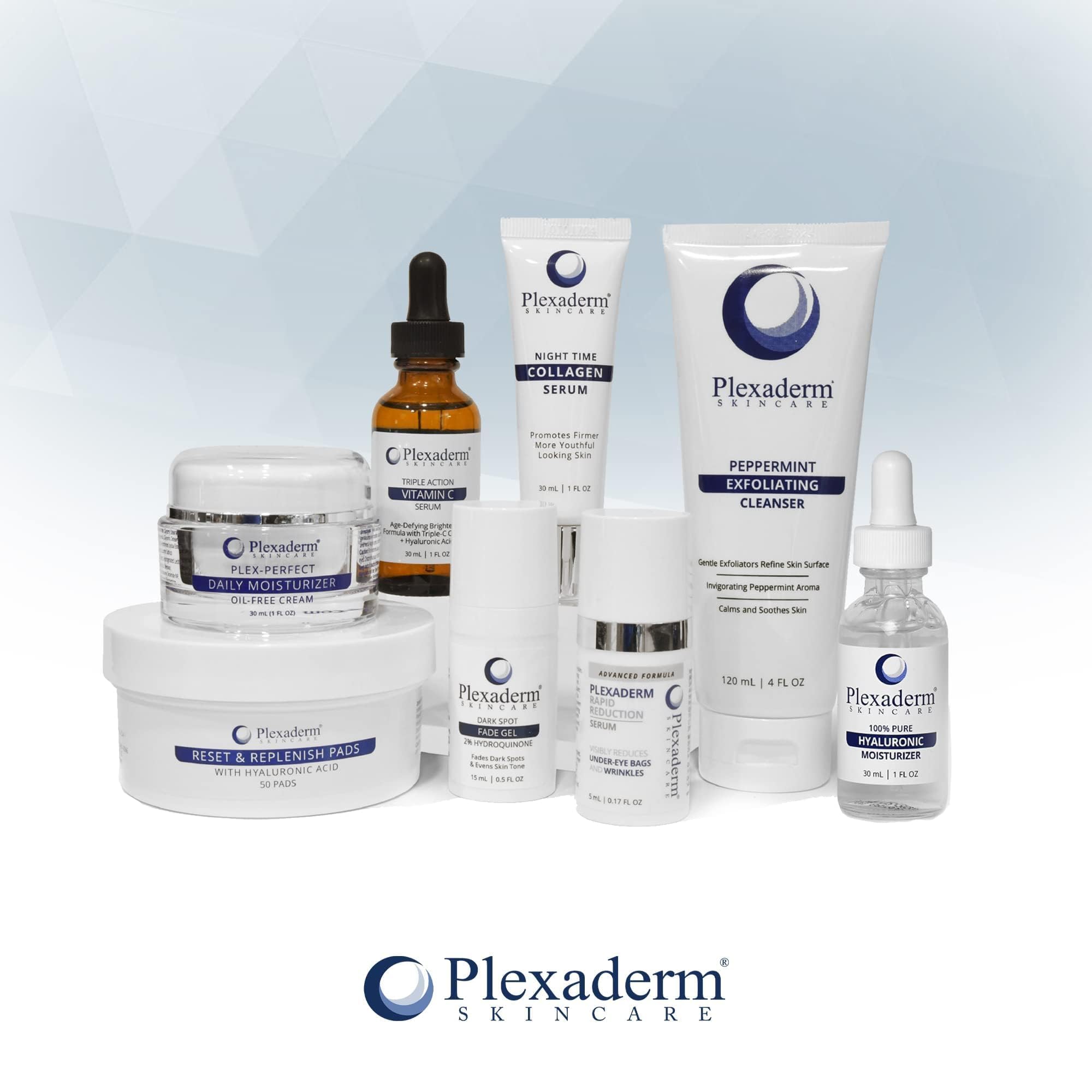 Plexaderm night-time collagen serum being applied to skin illustrates nighttime care benefits.
