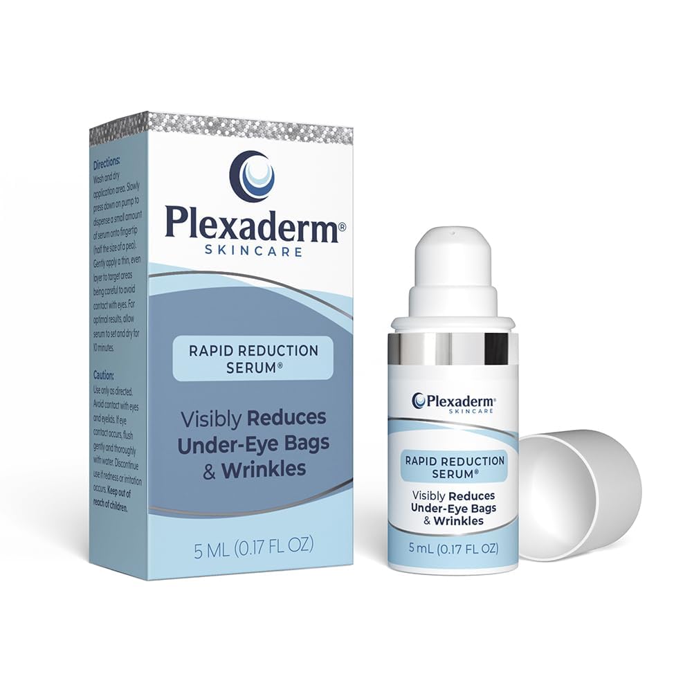 Plexaderm Rapid Reduction Eye Serum bottle and pump showing easy application.