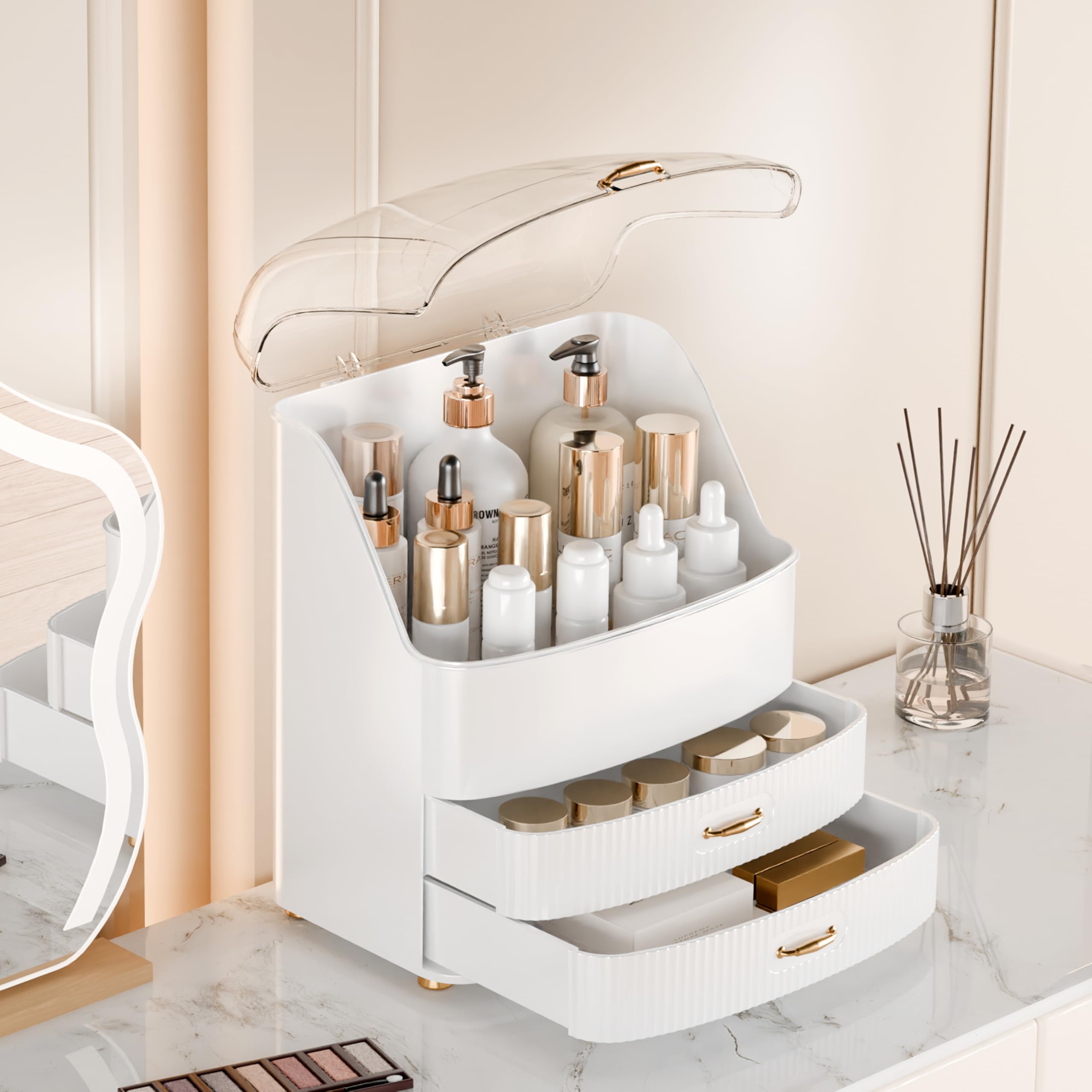 Plukers countertop vanity storage sits securely on surfaces with non-slip feet.
