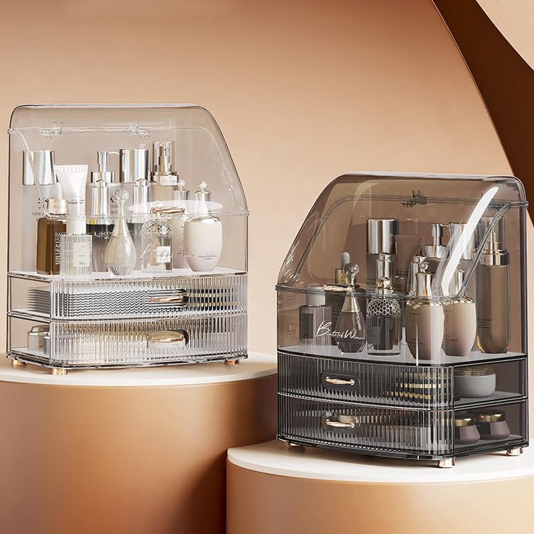 Plukers makeup organizer features luxury electroplated handles for smooth drawer operation.