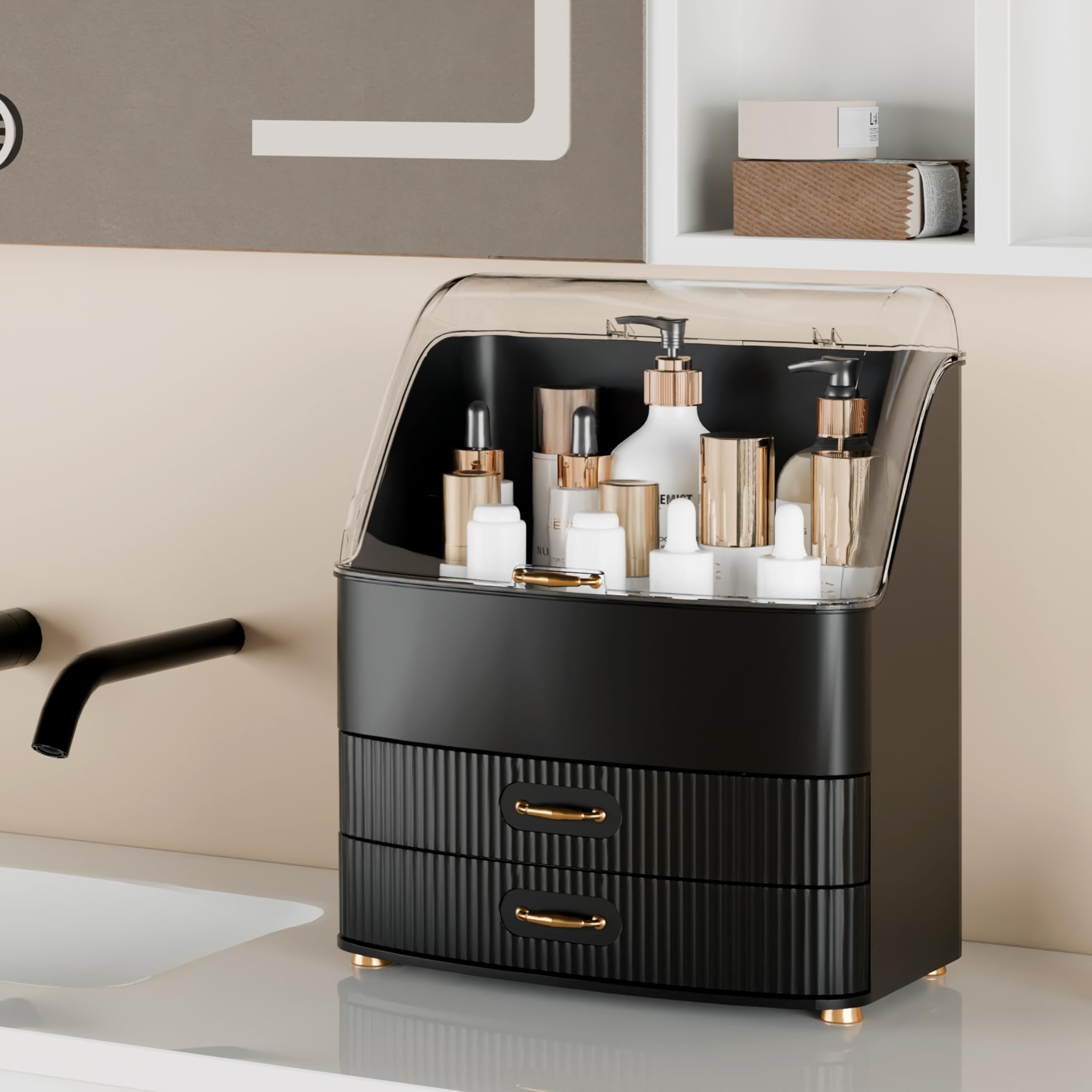 Plukers makeup organizer features luxury electroplated handles for smooth drawer glide.