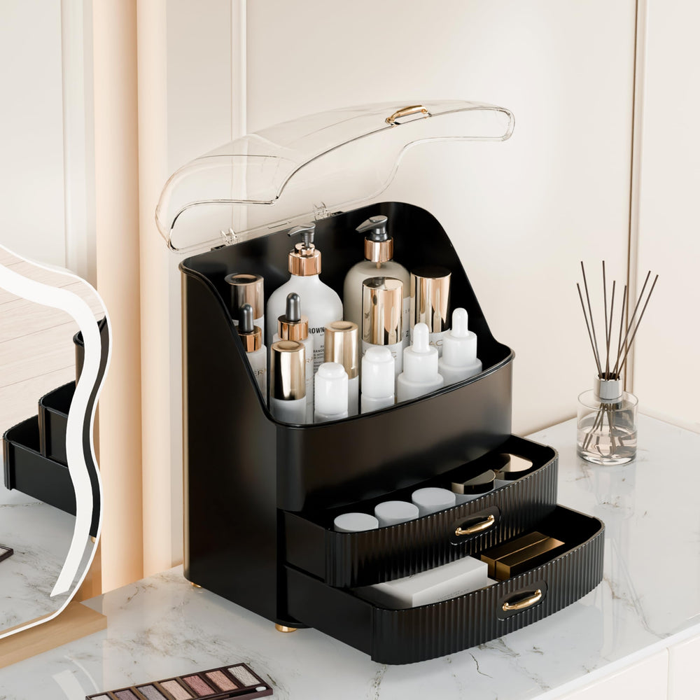 Plukers makeup organizer non-slip base protects vanity surfaces during use.