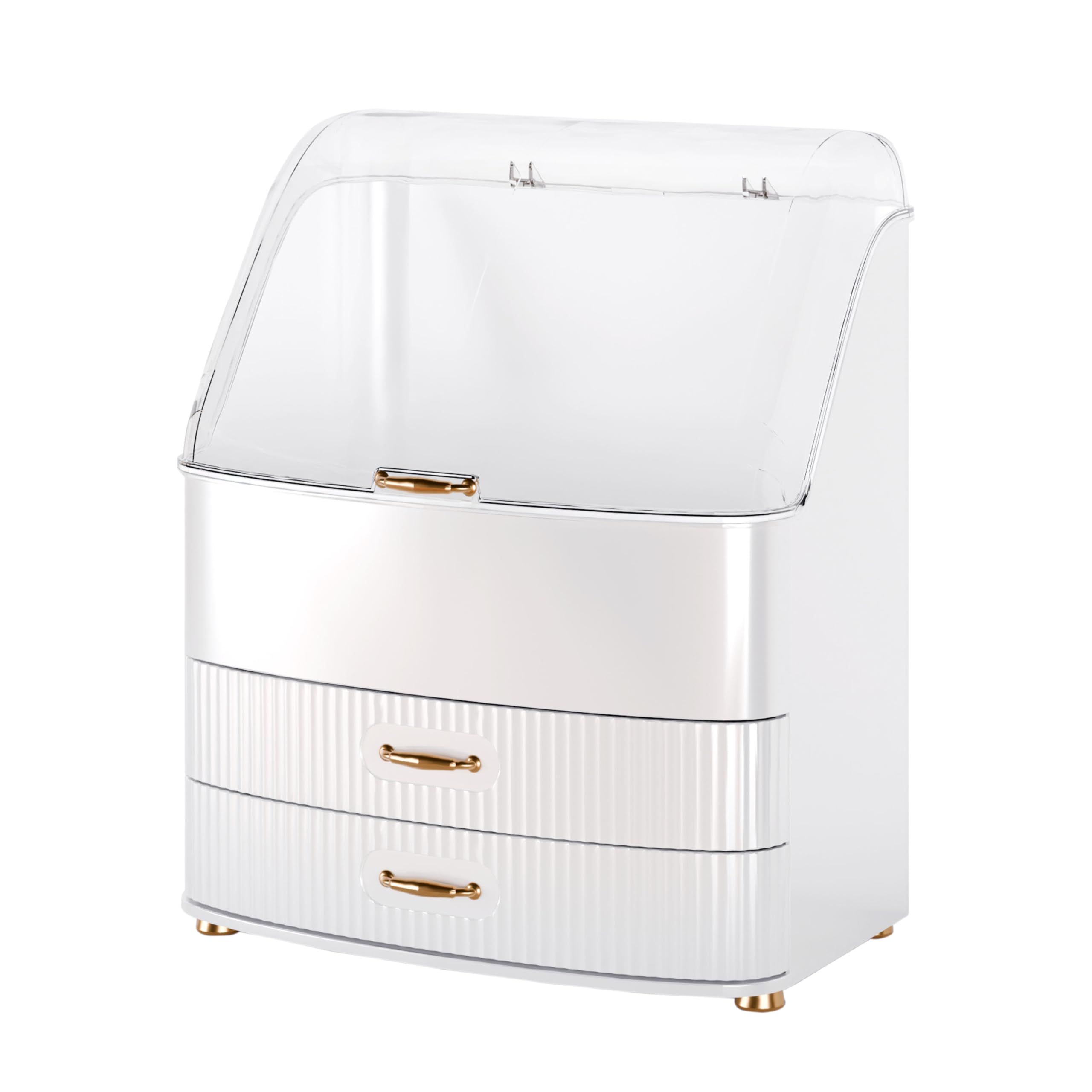 Plukers makeup organizer with transparent lid drawers keeps cosmetics visible and dust-free.