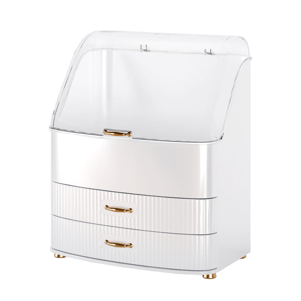 Plukers makeup organizer with transparent lid drawers keeps cosmetics visible and dust-free.