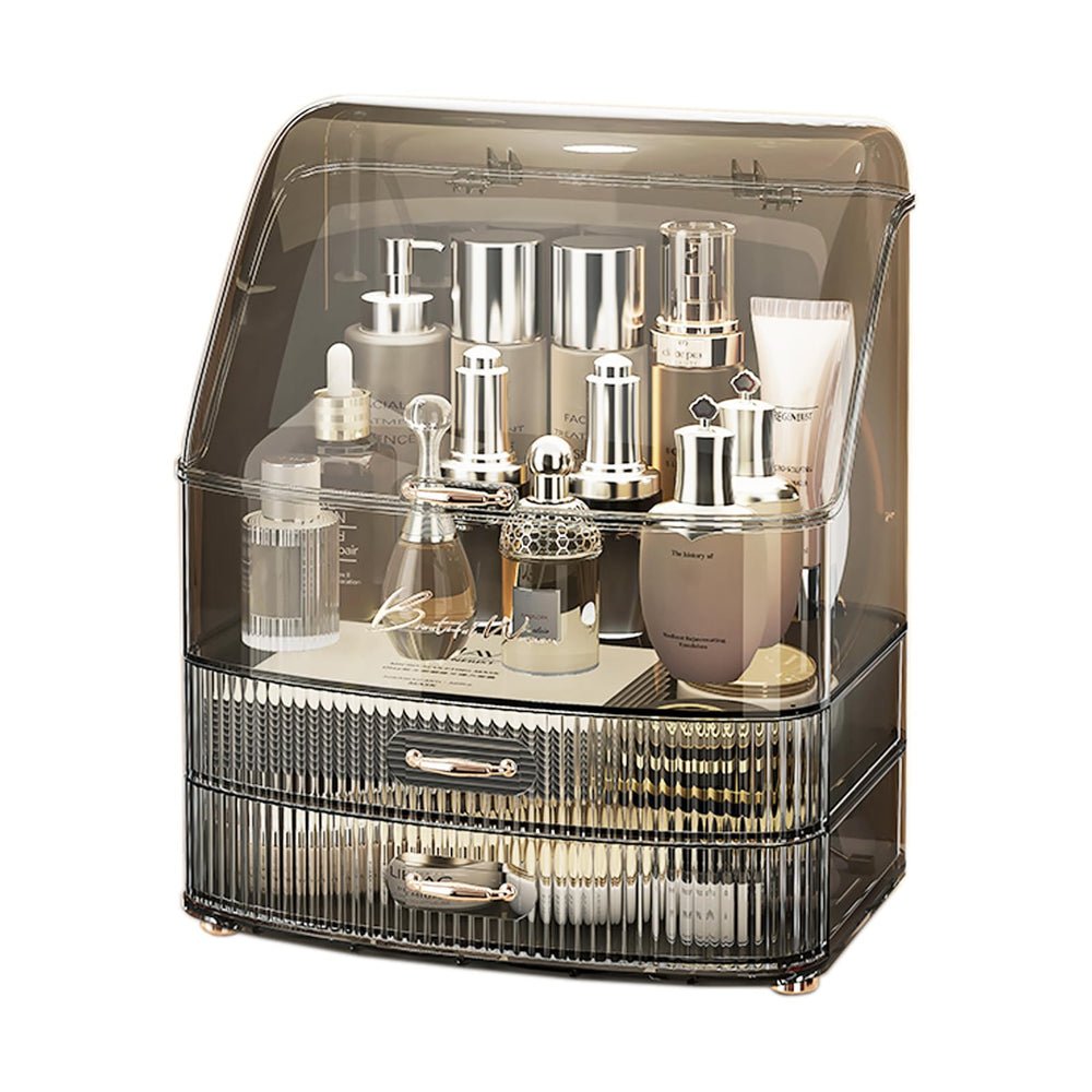 Plukers makeup organizer with transparent lid keeps cosmetics visible and organized on your vanity.