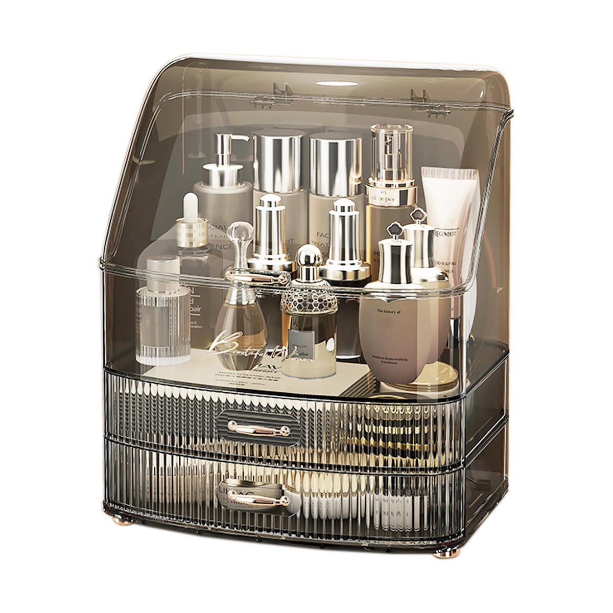 Plukers makeup organizer with transparent lid keeps cosmetics visible and organized on your vanity.