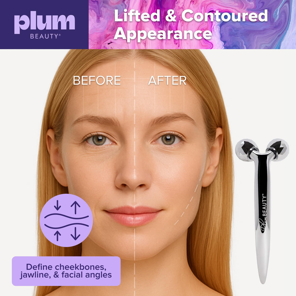 Plum Beauty Face Roller Cheekbones Jawline Lift showcases sculpted look from precise contouring.