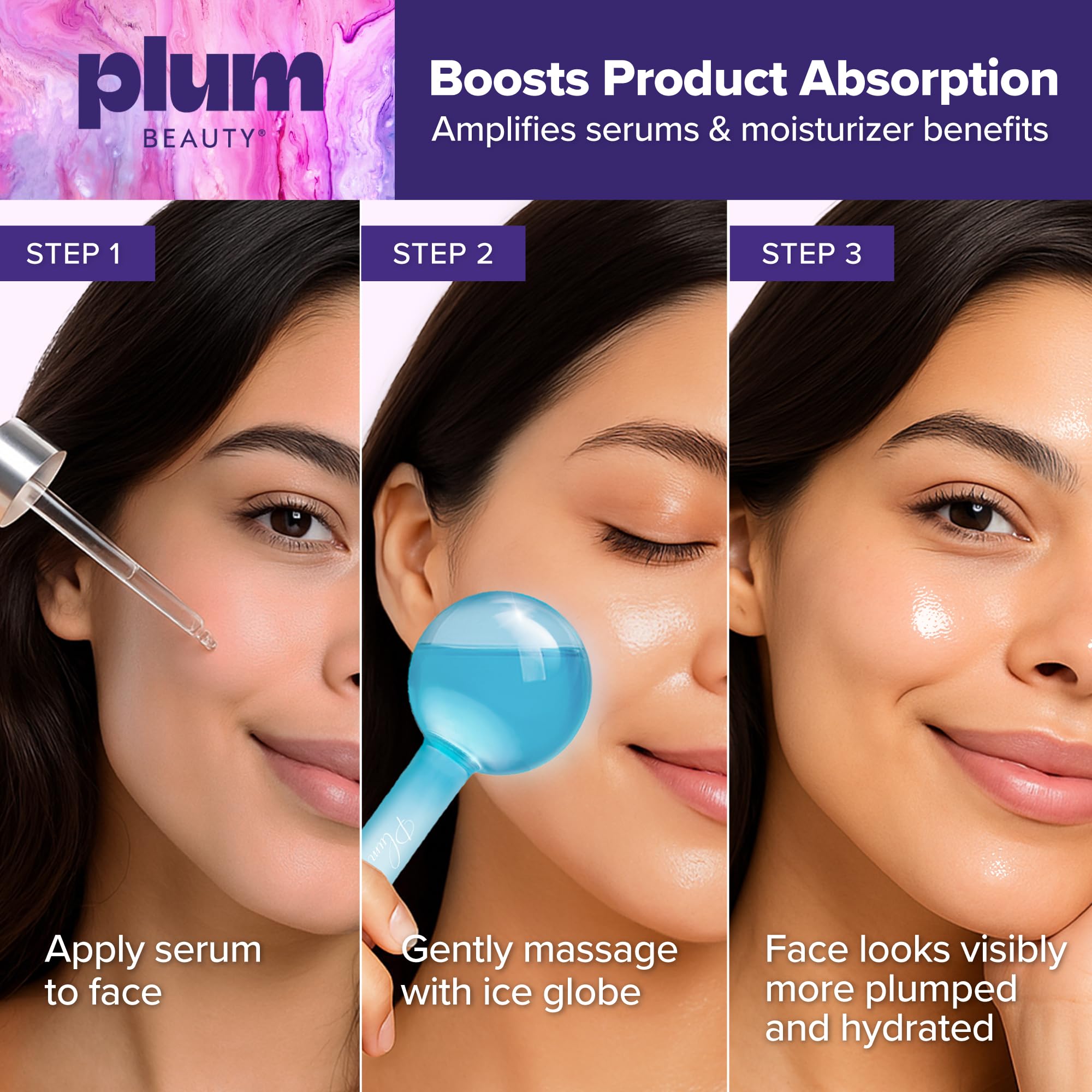 Plum Beauty refreshed-skin ice globes in use for soothing, cooling facial massage