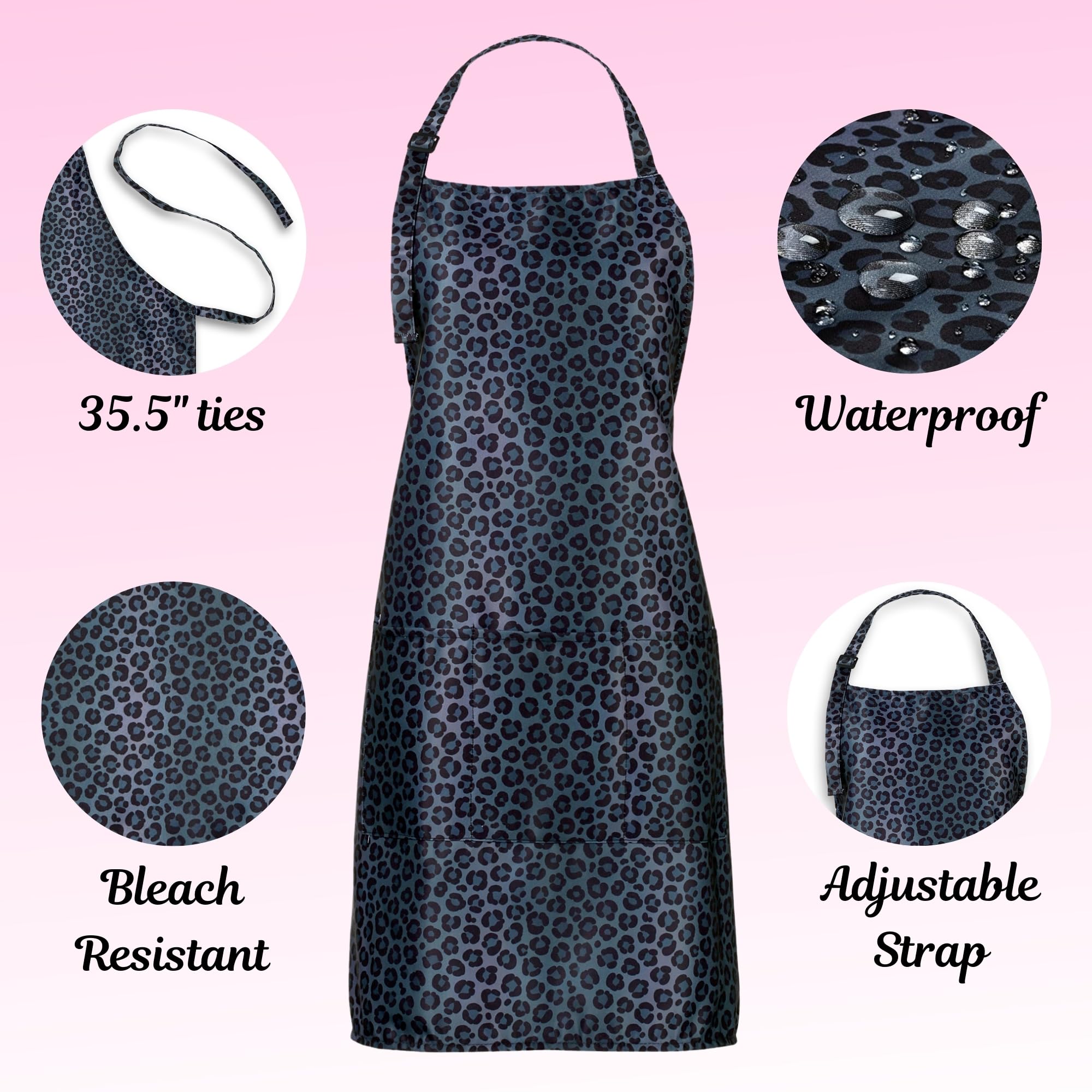 Plum Hill black leopard apron dries quickly after washing.