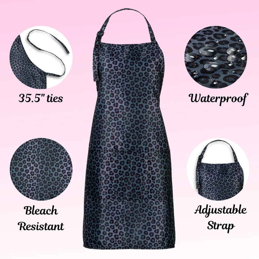 Plum Hill black leopard apron dries quickly after washing.