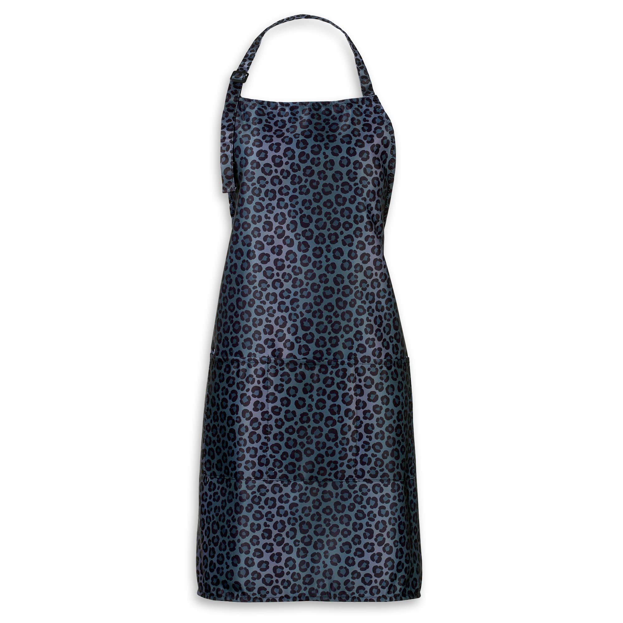 Plum Hill Black Leopard Cosmetology Apron—front view shows sleek professional styling.