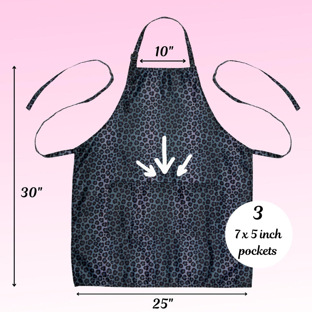 Plum Hill leopard print apron with pockets ideal for styling and makeup.