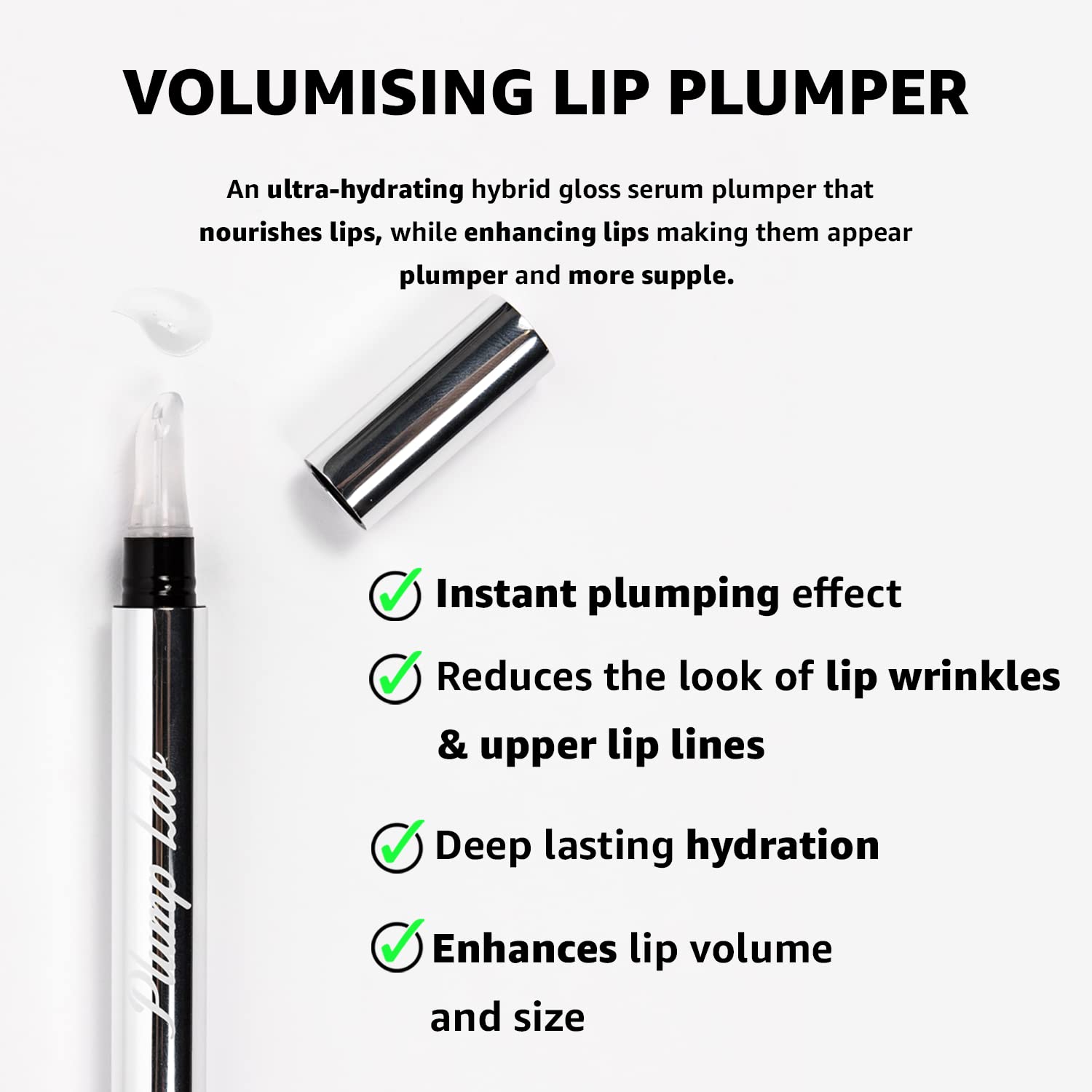 Plump Lab Lip Plumper applicator applying gloss for fuller lips.