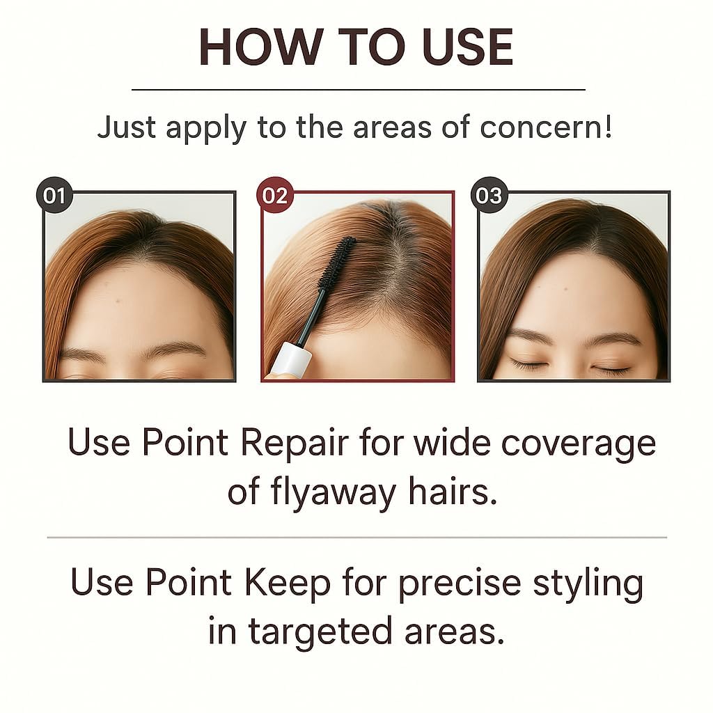 Plus eau Hair Finishing Stick wand closeup showing mascara-style brush for precise touch-ups.