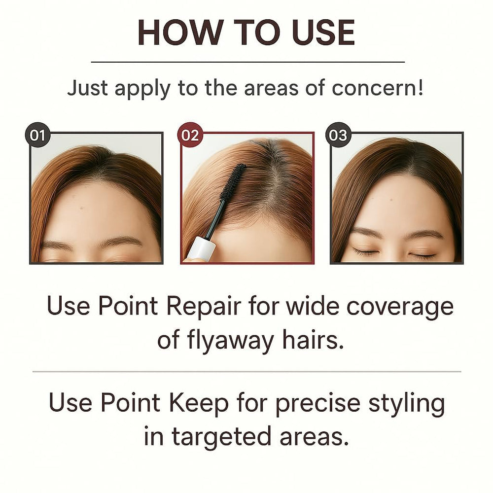 Plus eau Hair Finishing Stick wand closeup showing mascara-style brush for precise touch-ups.