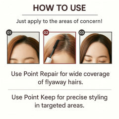 Plus eau Hair Finishing Stick wand closeup showing mascara-style brush for precise touch-ups.