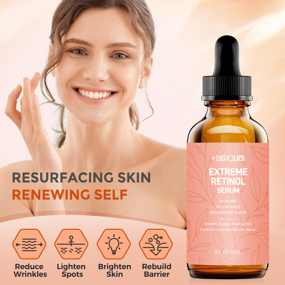 Plus1HEROLABS retinol serum droplet close-up highlighting hydrating hyaluronic acid benefits.