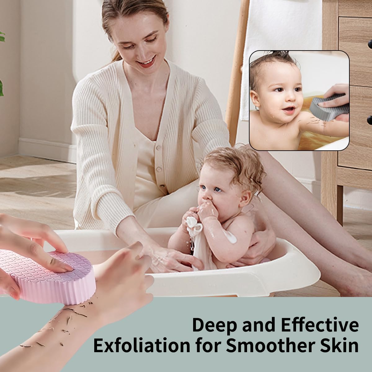 PMLQZA 3D-surface sponge in hand demonstrates deep cleansing for smoother skin.
