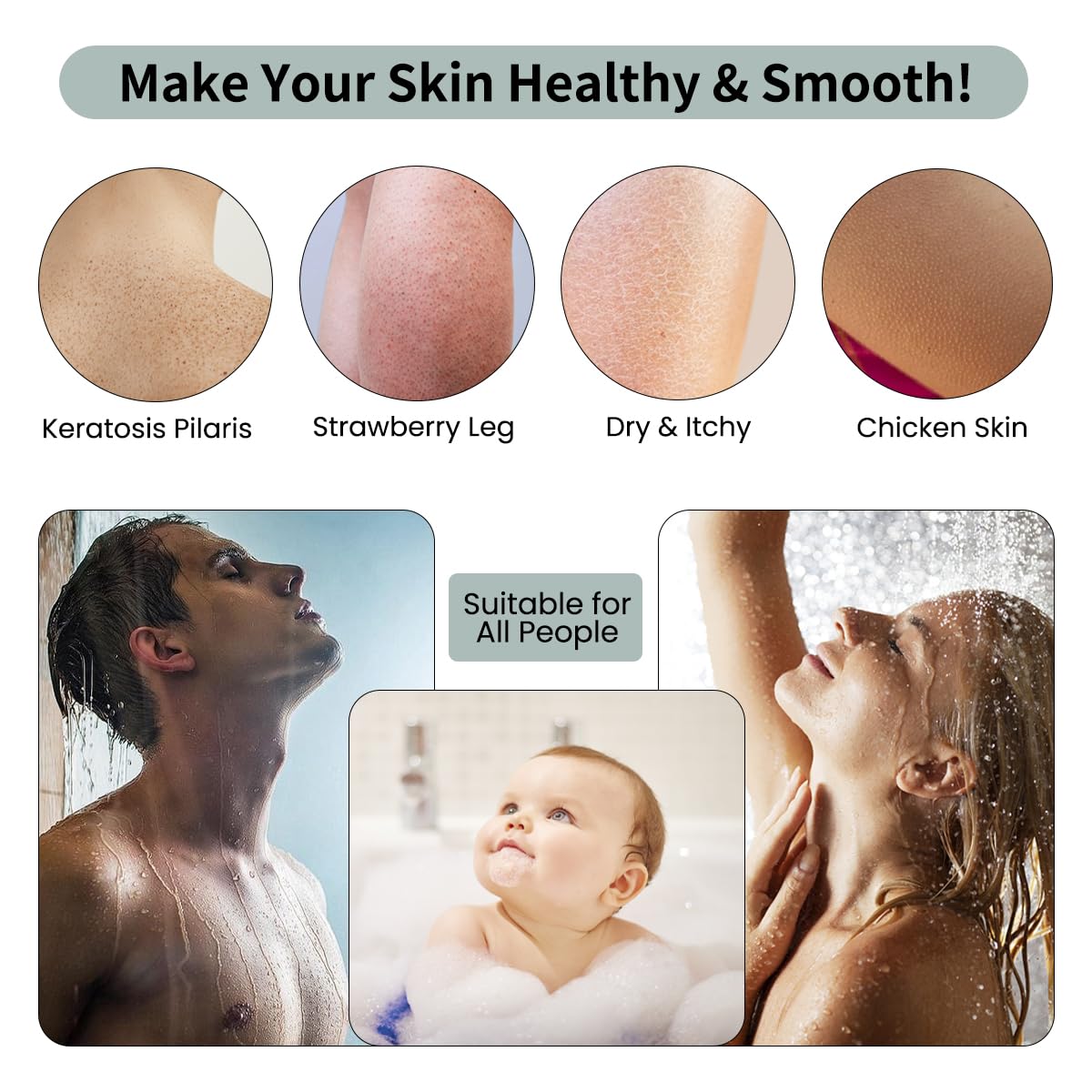 PMLQZA family-friendly net sponge used on arms illustrates suitability for all skin types.