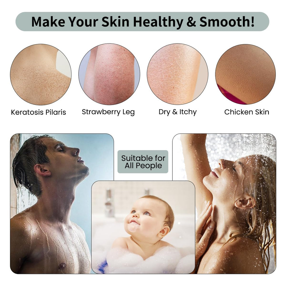 PMLQZA family-friendly net sponge used on arms illustrates suitability for all skin types.