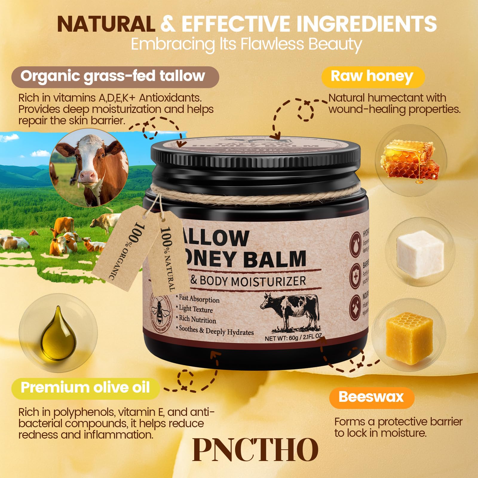 Pnctho Beef Tallow Honey Balm used on face and body hydration.